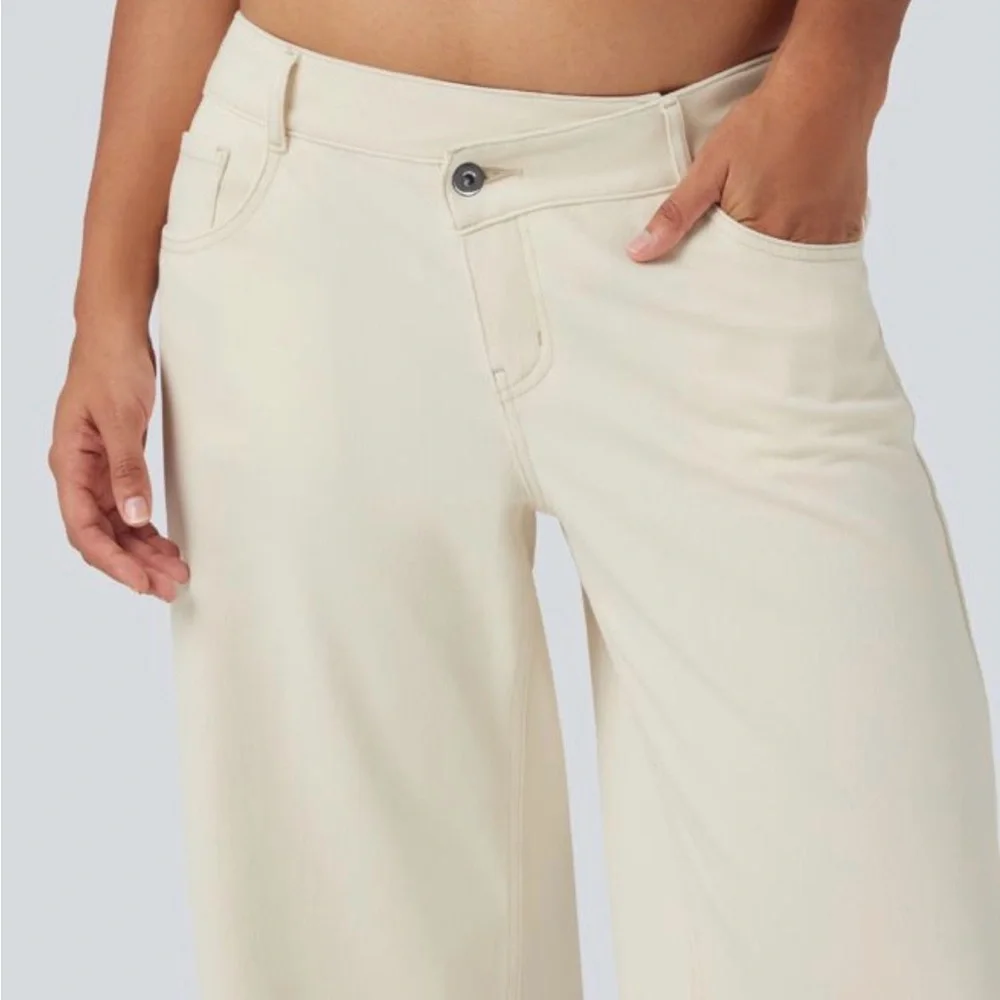 NWT HALARA Flex™ Asymmetric Low Rise Light Khaki Baggy Wide Leg Casual Jeans, L - Picture 2 of 7